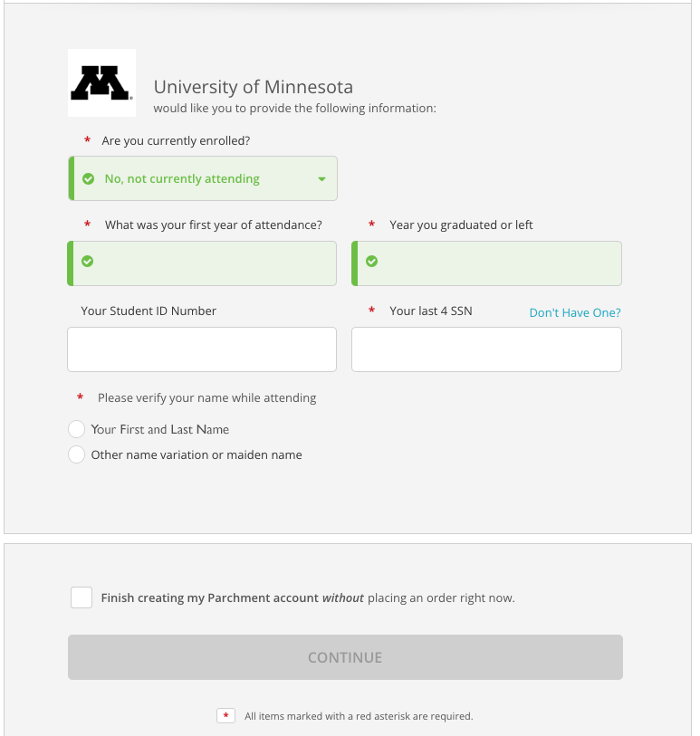 Screenshot of the UofM Twin Cities Parchment website: boxes prompt the user to fill out personal information.