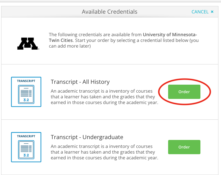 Screenshot of the UofM Twin Cities Parchment website: Text reads "Available Credentials" and lists options of what is available for the user.