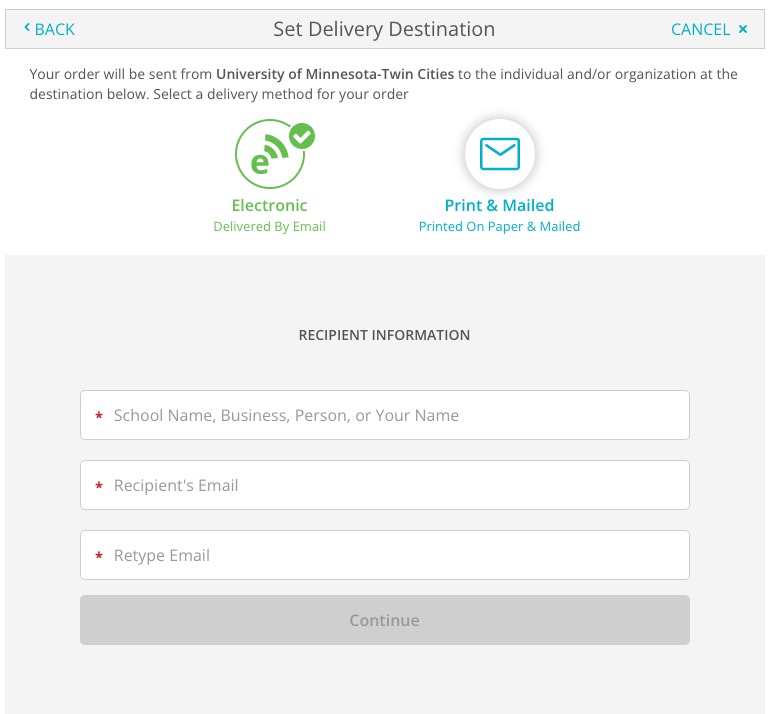 Screenshot of the UofM Twin Cities Parchment website: Text reads "Set Delivery Destination" and provides boxes for the user to enter recipient information