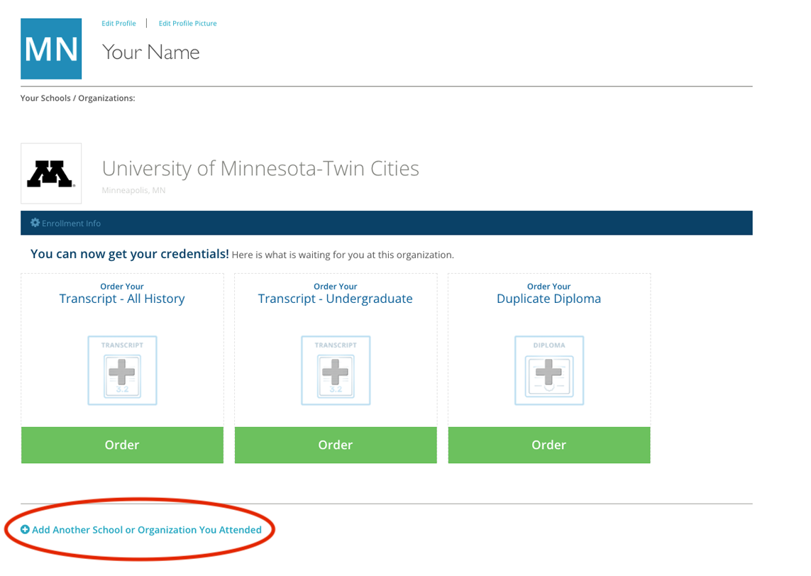 Screenshot of the UofM Twin Cities Parchment website: Three boxes that provide different options for the user to access their transcript or diploma