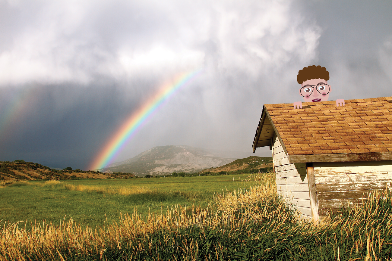 Two rainbows shine across a cloudy sky in a field, while Avatar Alex peeks over the roof of a building on the right